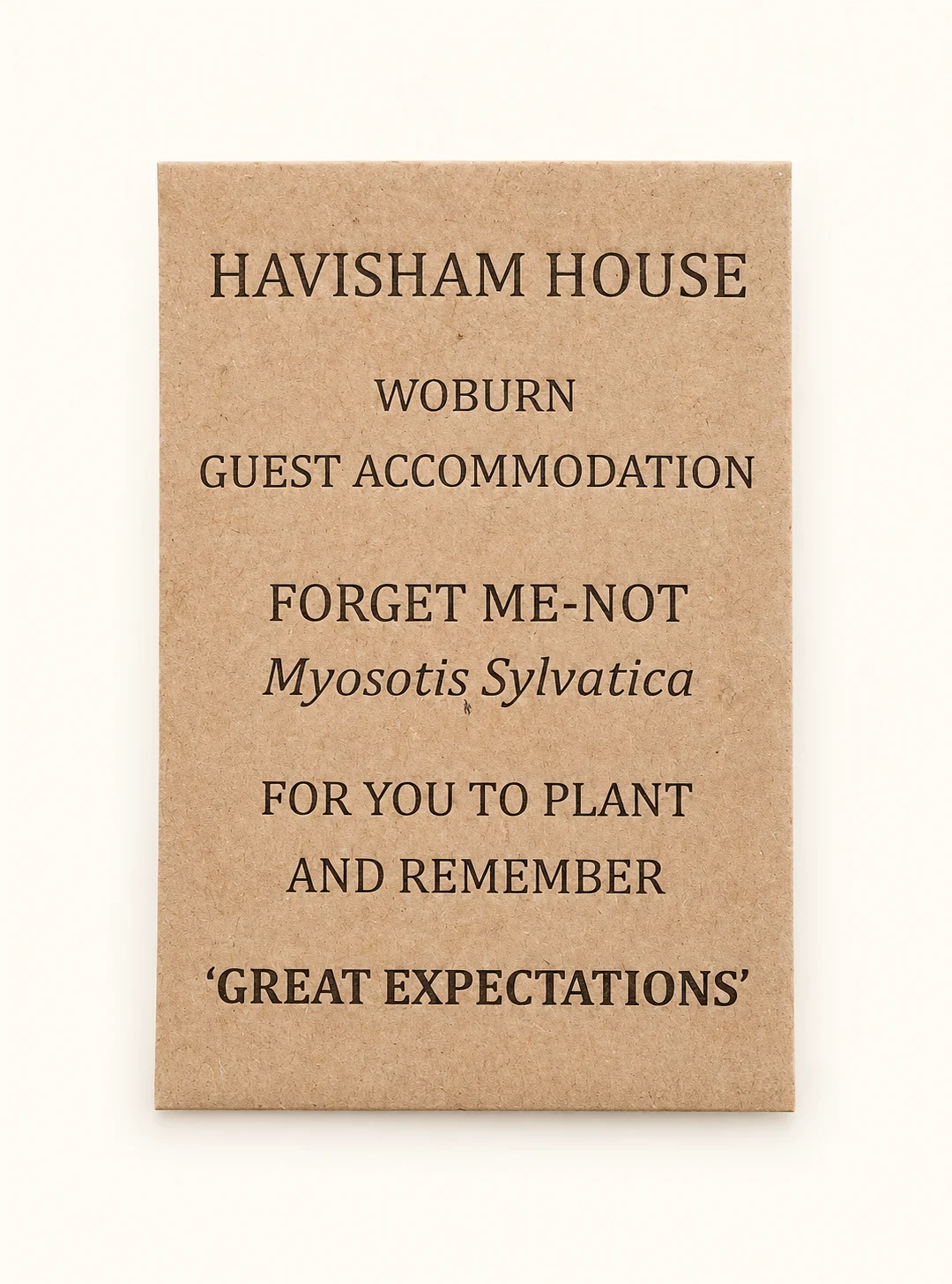 Havisham House forget-me-not seed packet given to departing guests