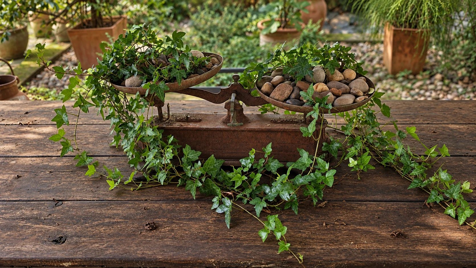 Antique balance scales filled with stones and entwined with ivy in the Havisham House garden