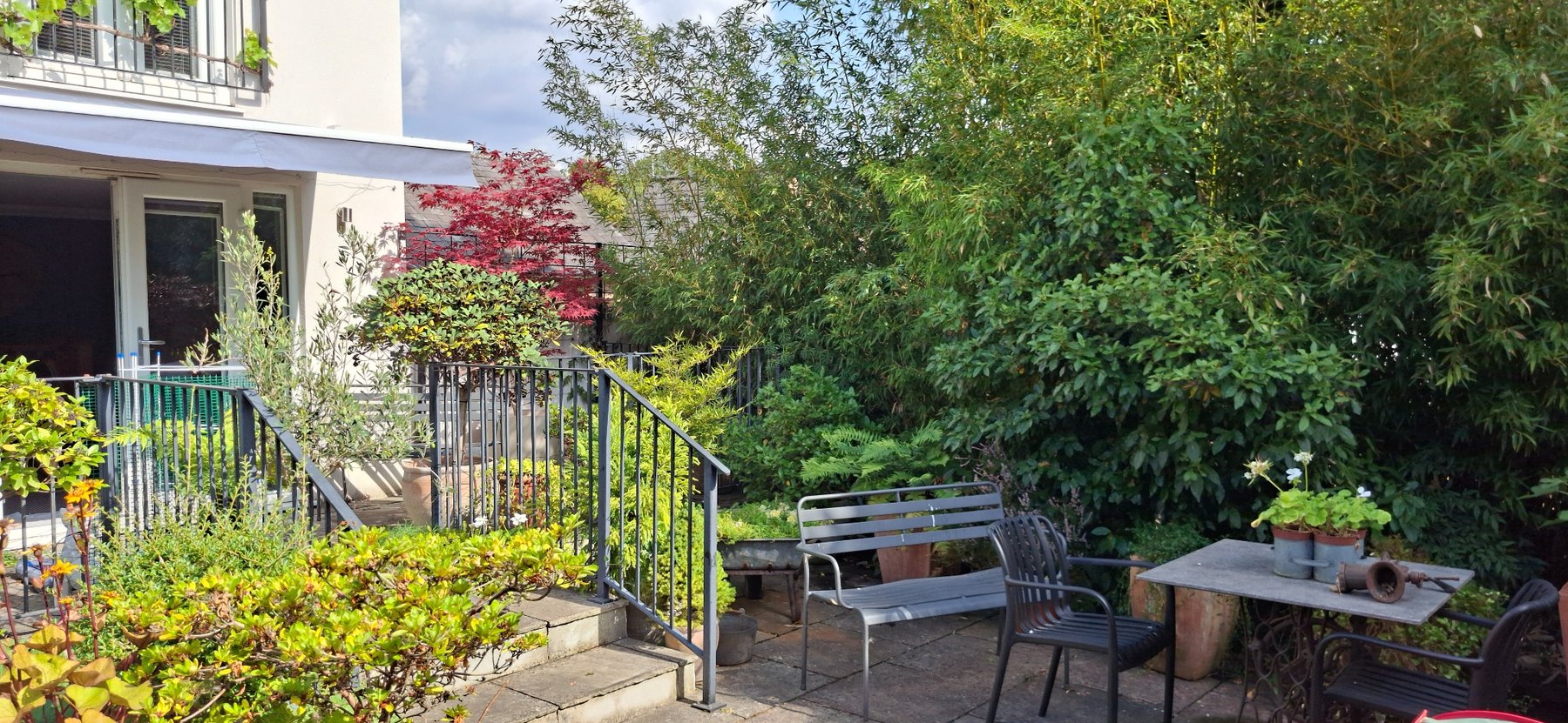 Quiet garden seating surrounded by mature planting