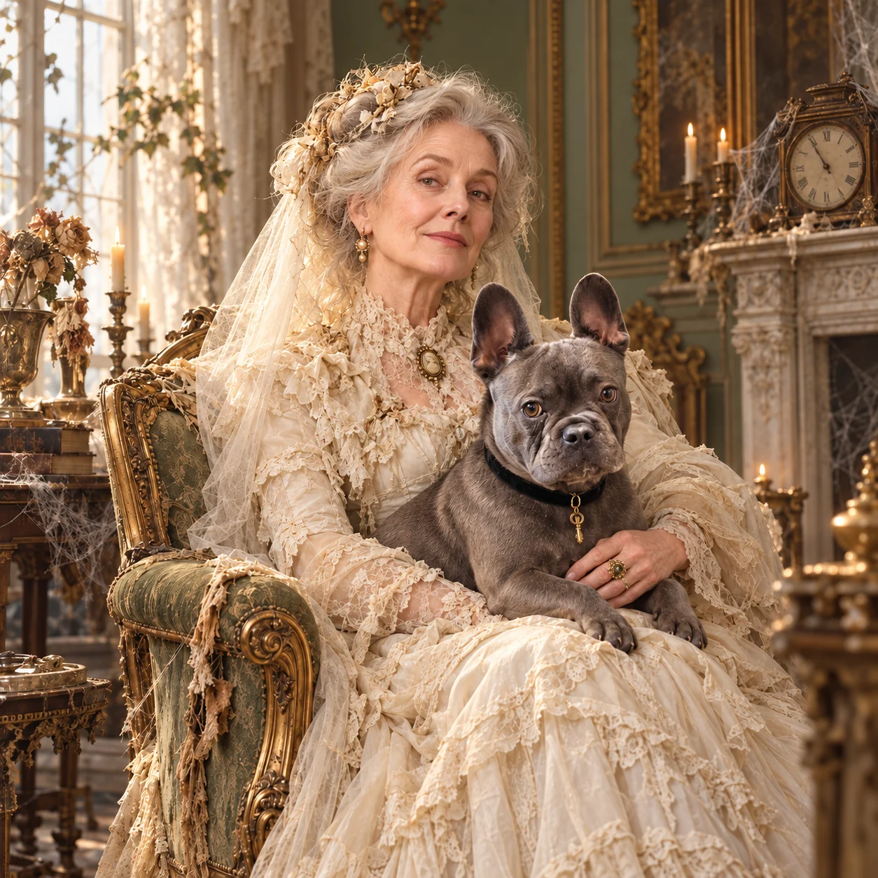 Miss Havisham seated in her Victorian wedding dress with Stanley proudly on her lap