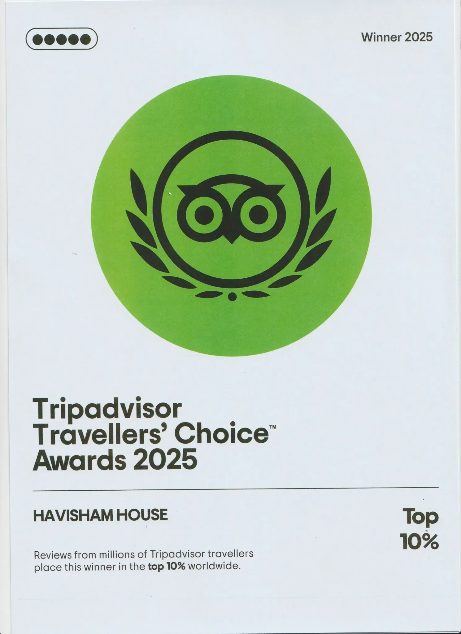 Tripadvisor Travellers’ Choice Award 2025 presented to Havisham House