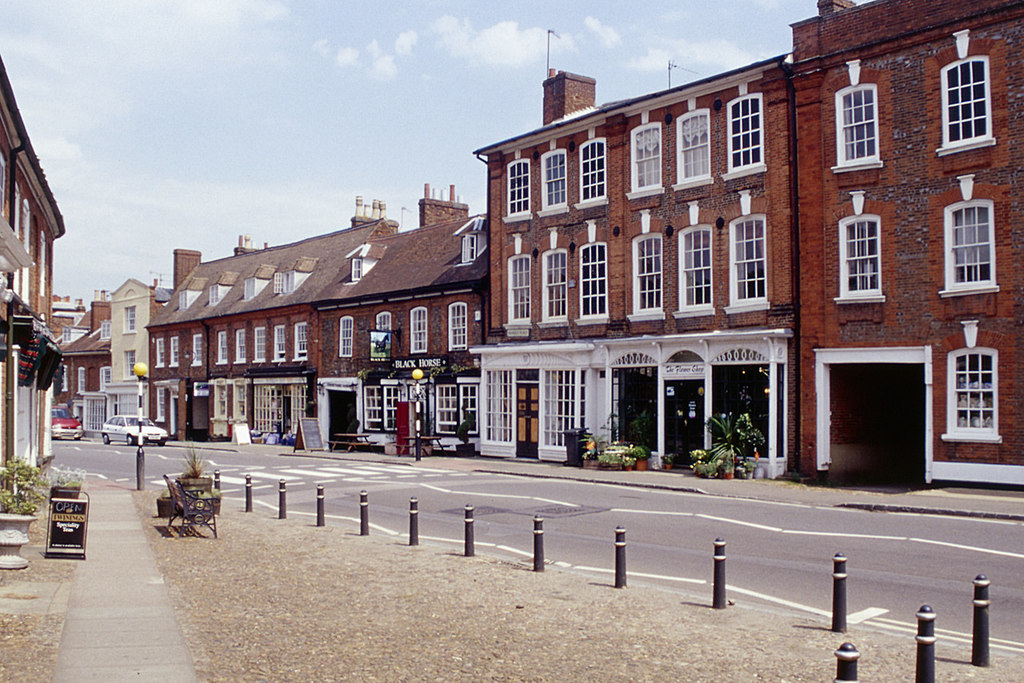 Historic red-brick buildings in Woburn Market Place